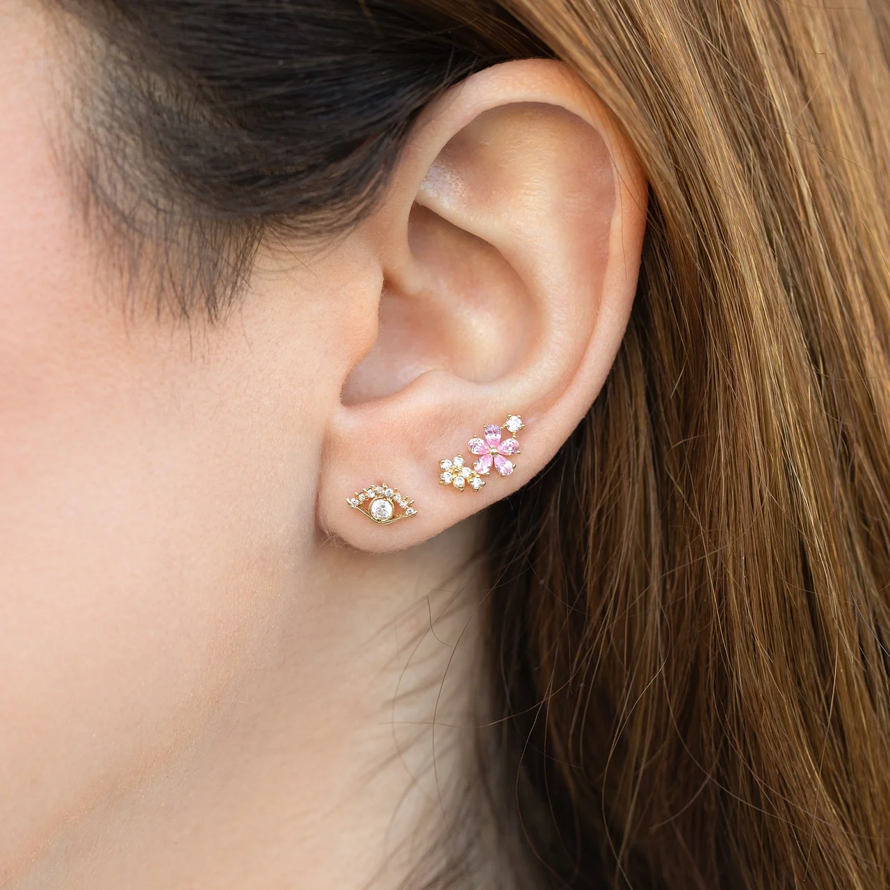 10k Solid Gold Pink Petals Ball Back Crawler Stud - Image 2