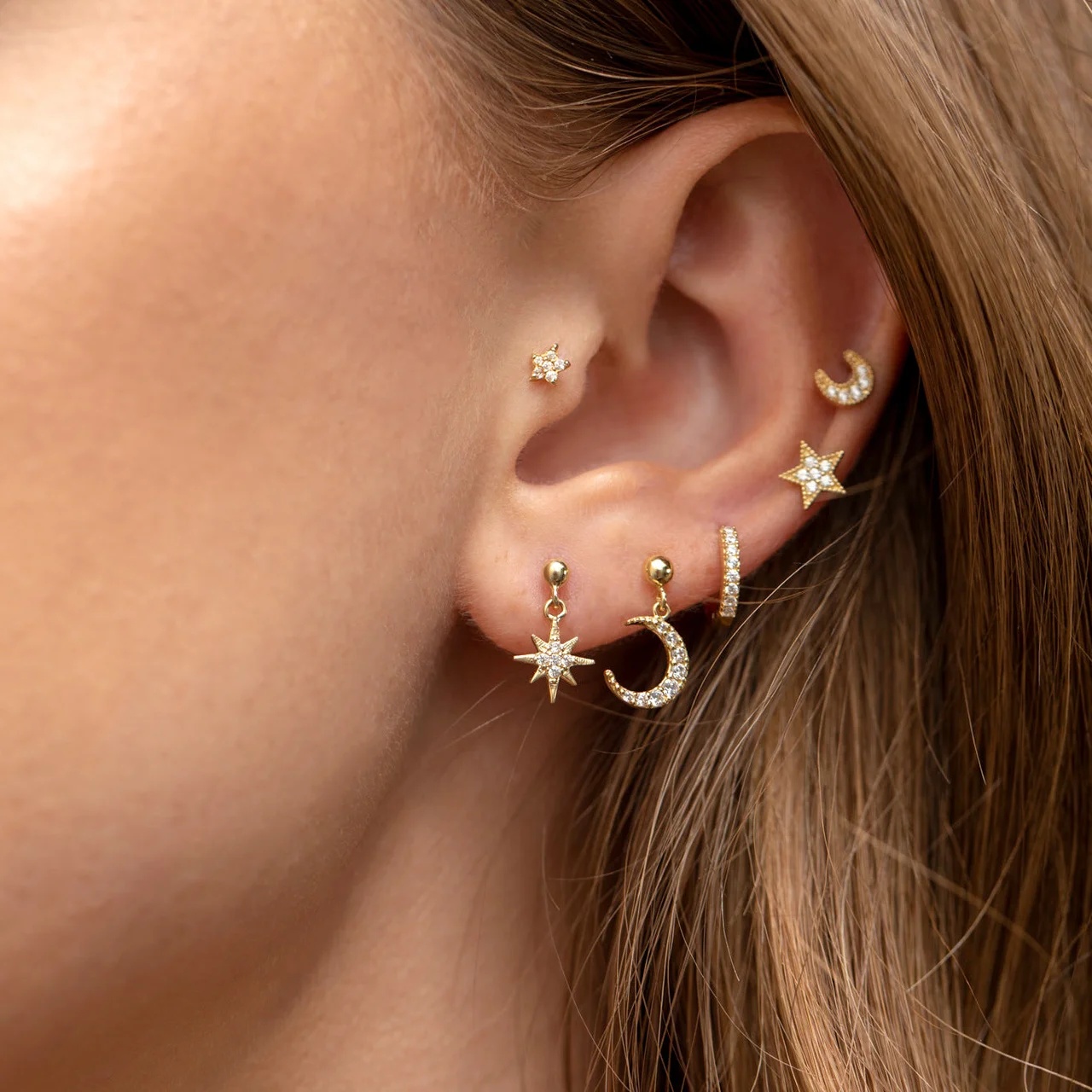 14k Solid Gold My Moon and Stars Stud Earrings - Image 2