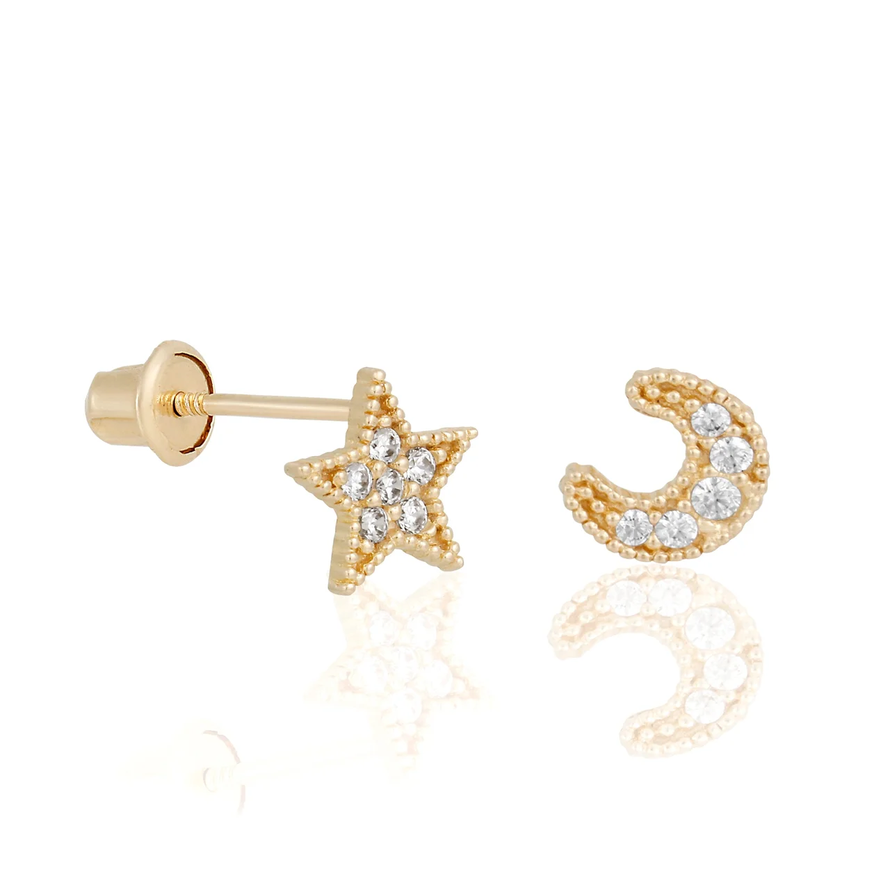 14k Solid Gold My Moon and Stars Stud Earrings - Image 4
