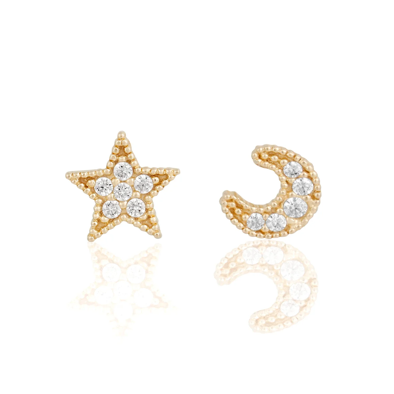 14k Solid Gold My Moon and Stars Stud Earrings - Image 5